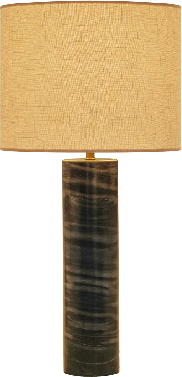 Textured fabric table lamp with yellow drum shade and dark brown marbled cylindrical base