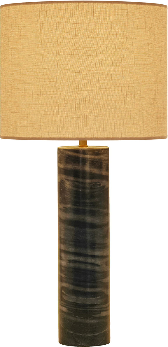 Textured fabric table lamp with yellow drum shade and dark brown marbled cylindrical base