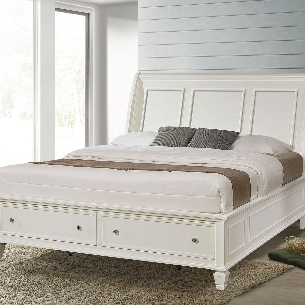 Sandy Beach Wood Eastern King Storage Panel Bed Cream White