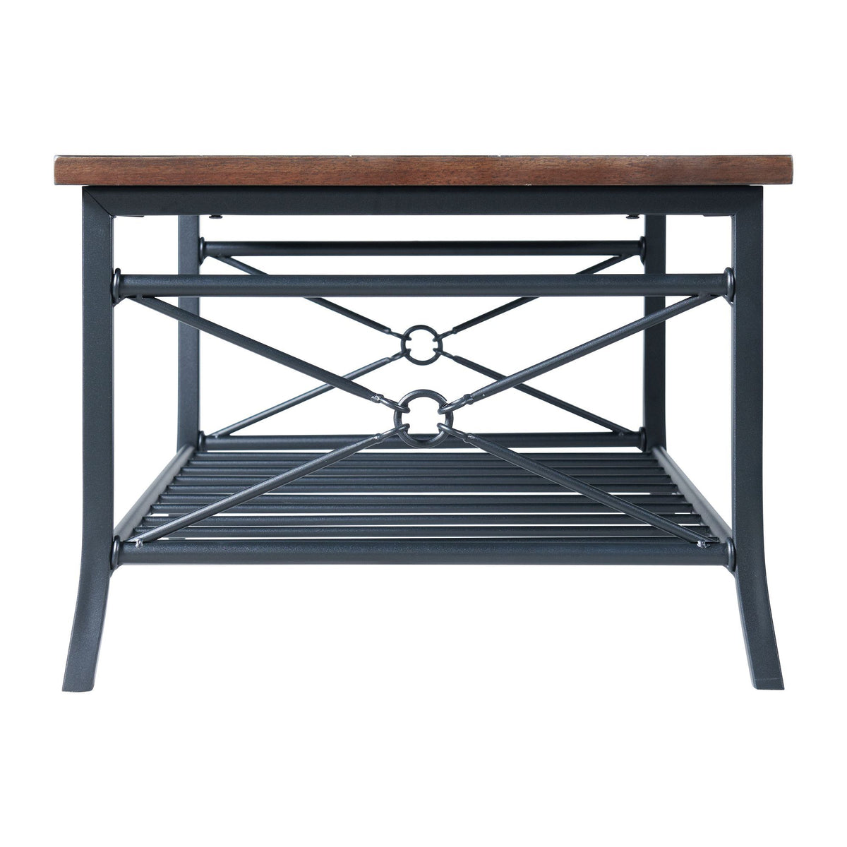 Brown wood top on dark metal base with crisscross support and slatted bottom shelf