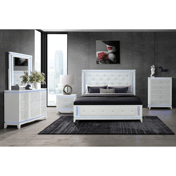 White LED-lit chest of drawers with multiple drawers