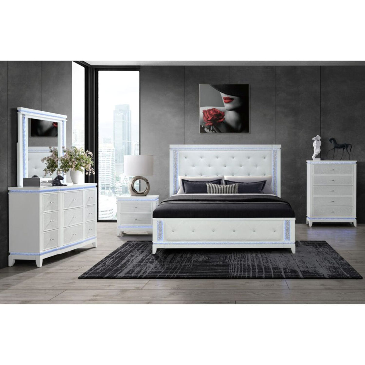 White two-drawer nightstand with glittered LED trim in bedroom setting