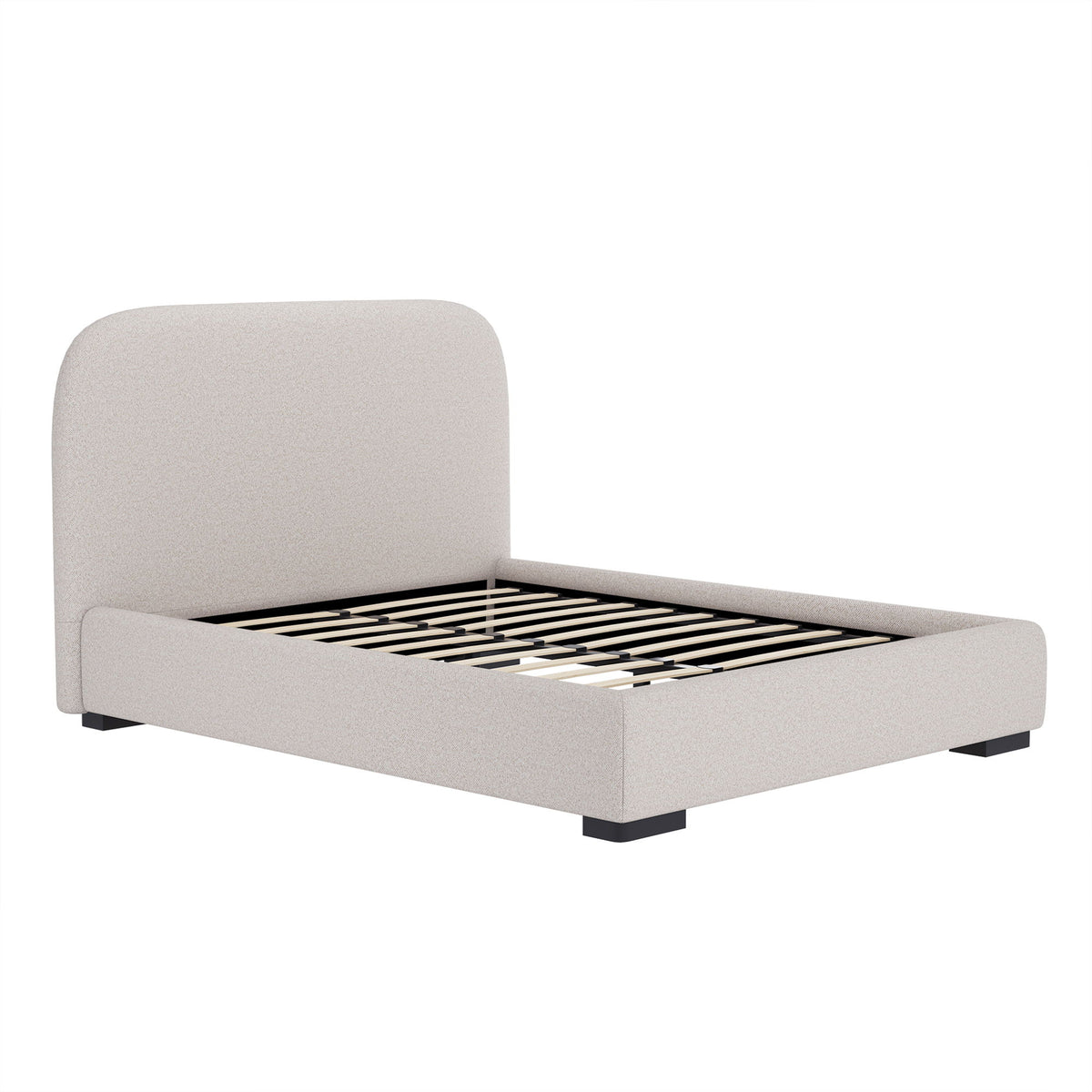 Light gray upholstered bed with rounded headboard and open slat base on black legs
