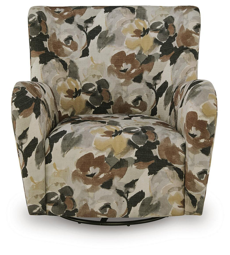 Floral swivel accent chair, front view, upholstered seat with armrests