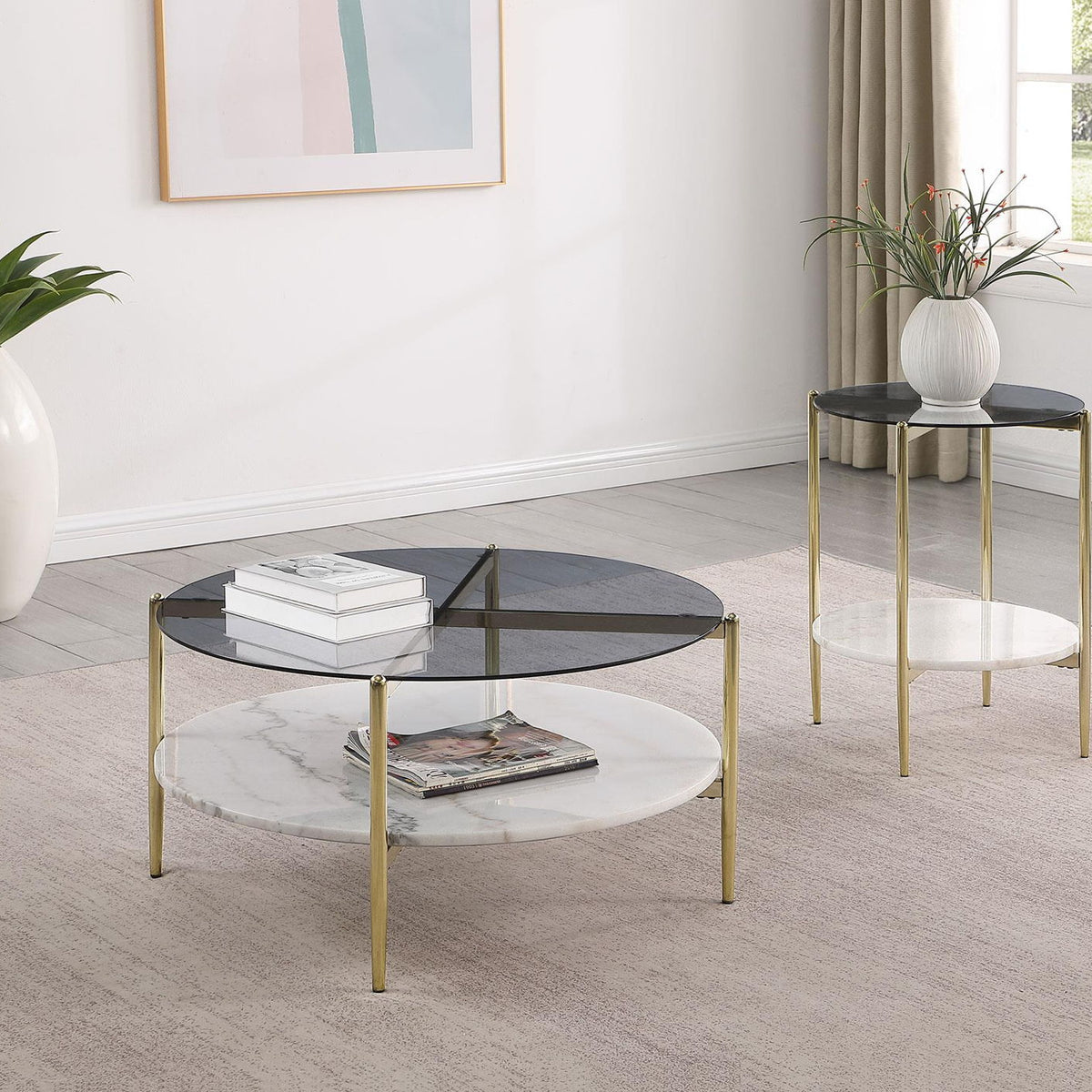 Jonelle 2-piece Round Coffee and End Table Set Gold