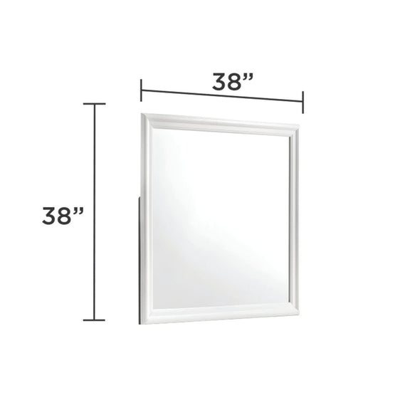 38 in x 38 in white framed square Blaze mirror with dimension guide