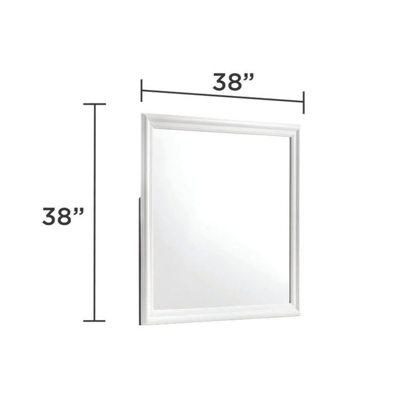 38 in x 38 in white framed square Blaze mirror with dimension guide