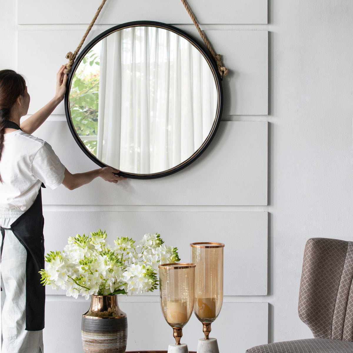 Handsome Cleveland Mirror With Rope Strap Contemporary Design Circle Mirror With Round Metal Frame For Wall Decor