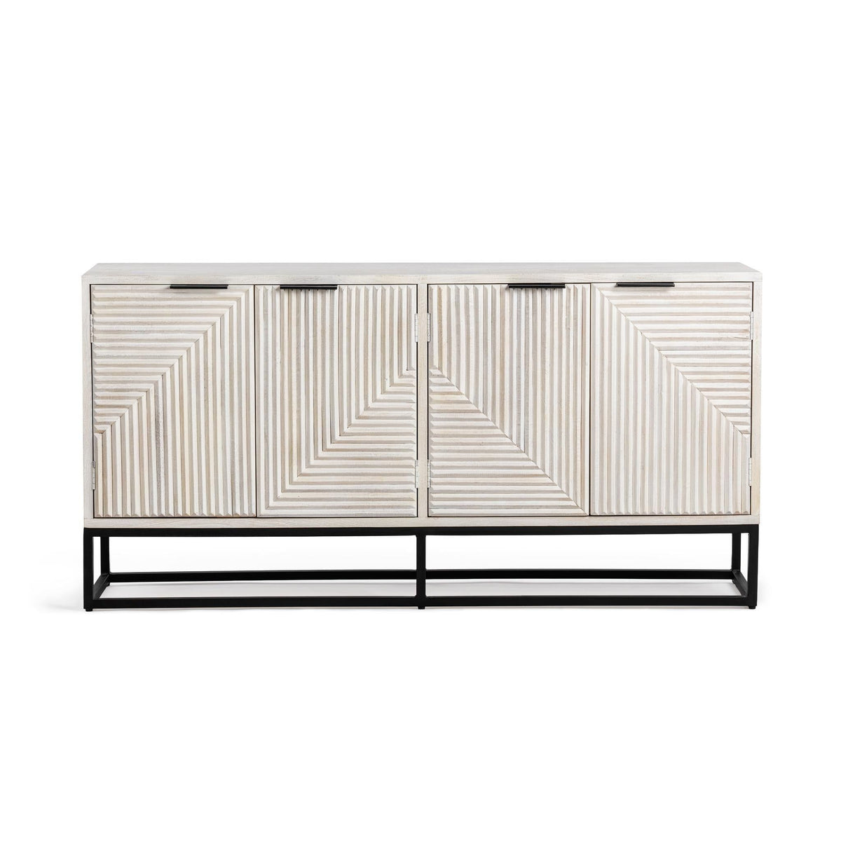 White wash sideboard cabinet with four patterned doors and black metal base