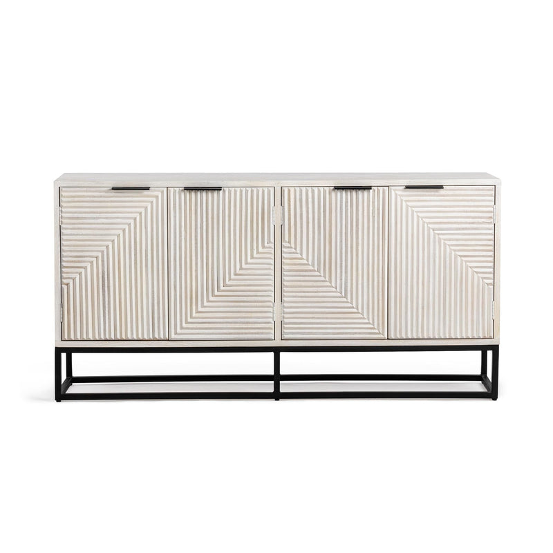 White wash sideboard cabinet with four patterned doors and black metal base