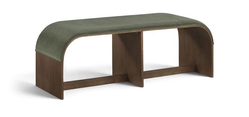Olive green velvet upholstered bench with curved back and dark wood frame