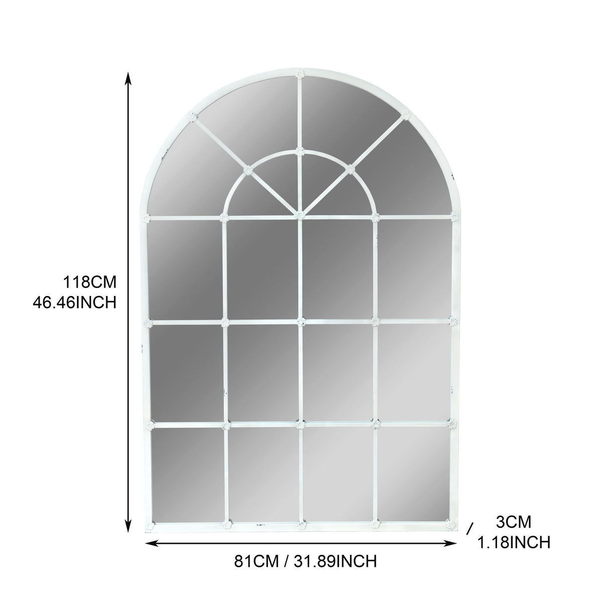 Arched white mirror showing window grid design with size dimensions 118cm x 81cm