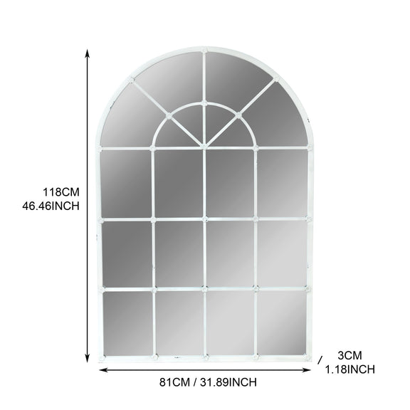 Arched white mirror showing window grid design with size dimensions 118cm x 81cm