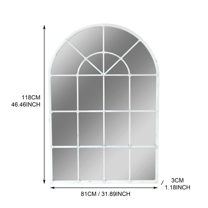 Arched white mirror showing window grid design with size dimensions 118cm x 81cm