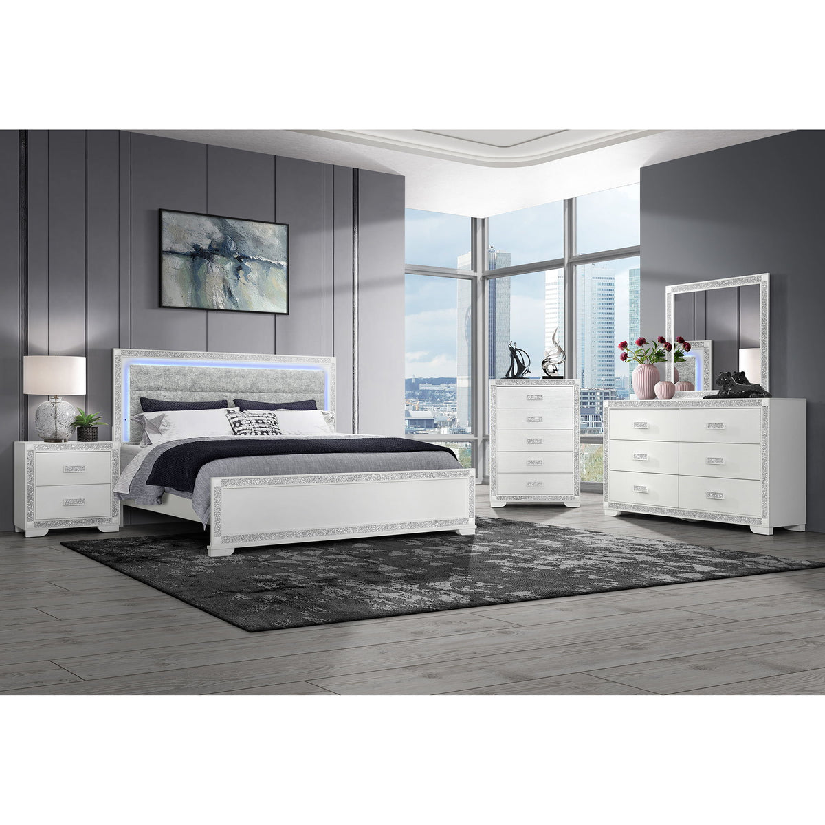 Rectangular dresser mirror in white with silver-speckled frame and light wood legs