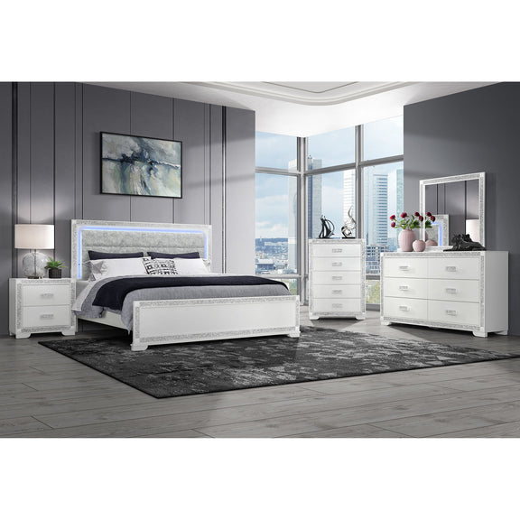 Rectangular dresser mirror in white with silver-speckled frame and light wood legs