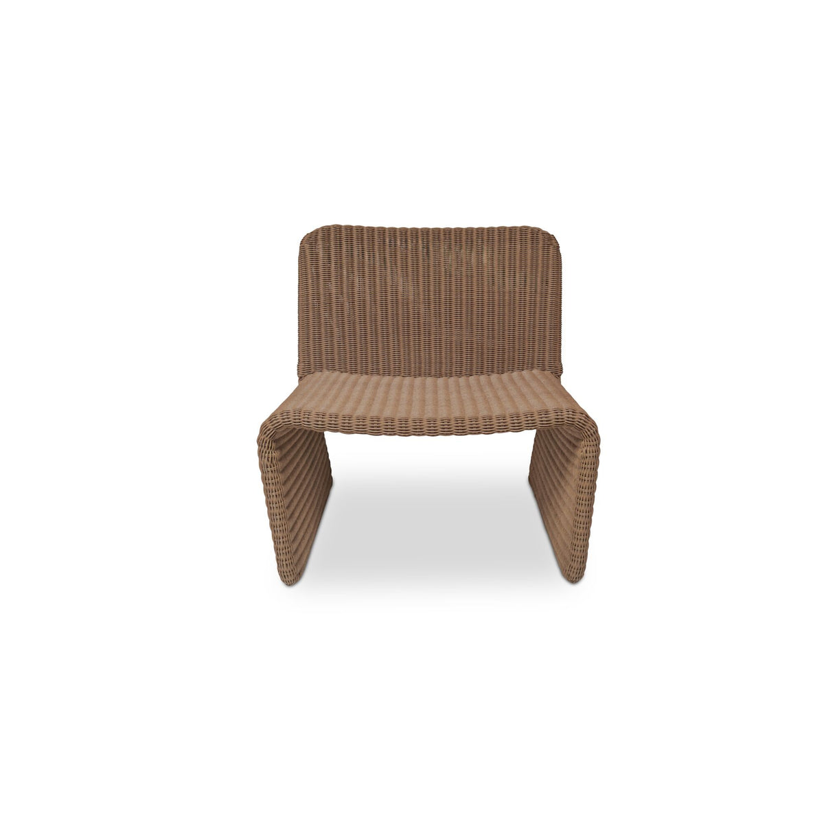 Woven outdoor accent chair with rounded back and straight legs, natural brown