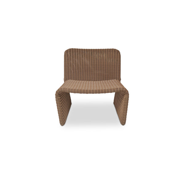 Woven outdoor accent chair with rounded back and straight legs, natural brown