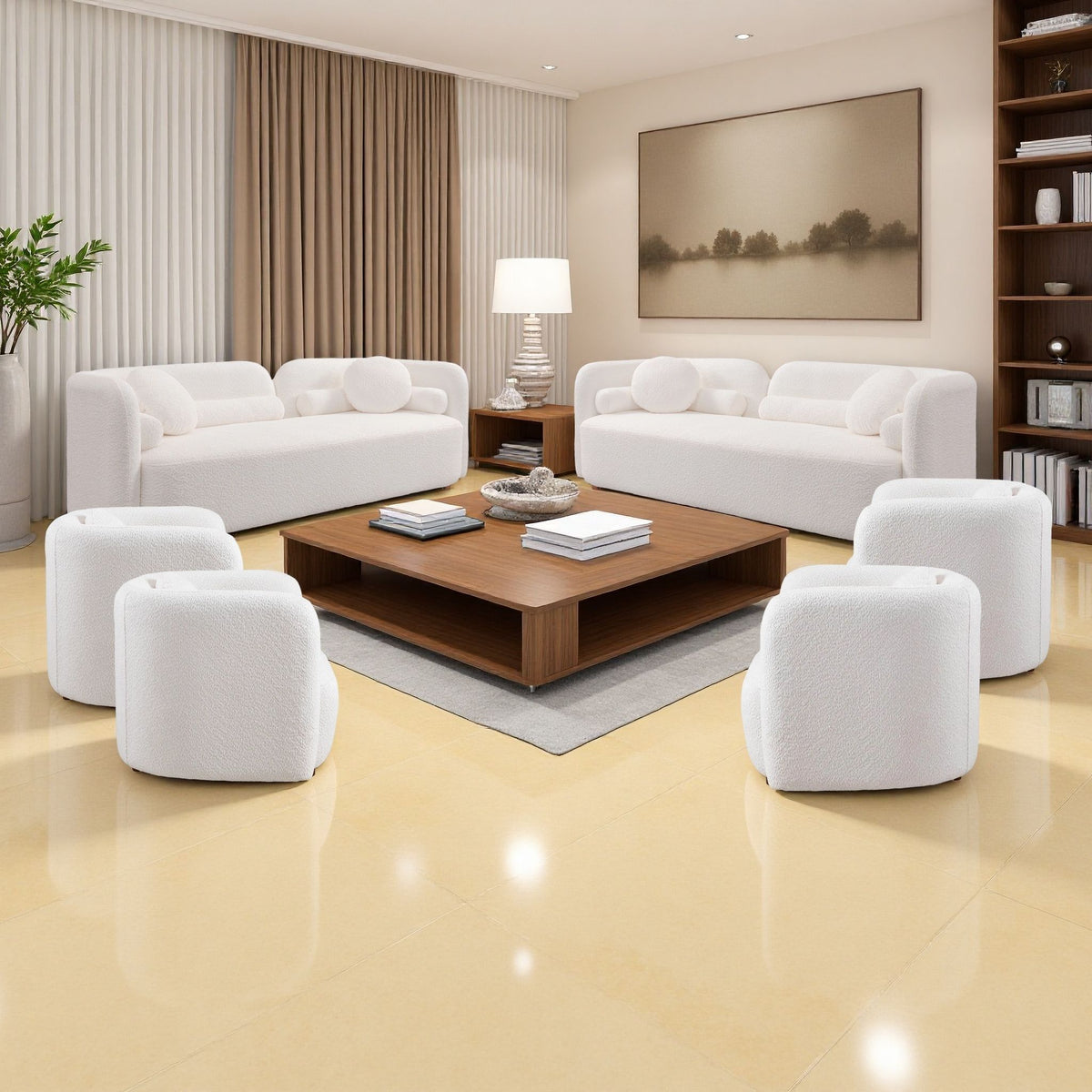 White fabric living room sofa set with armchairs and two sofas