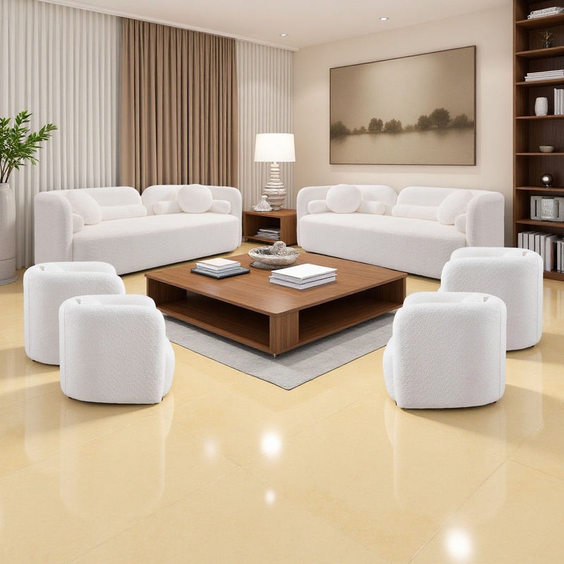 White fabric living room sofa set with armchairs and two sofas
