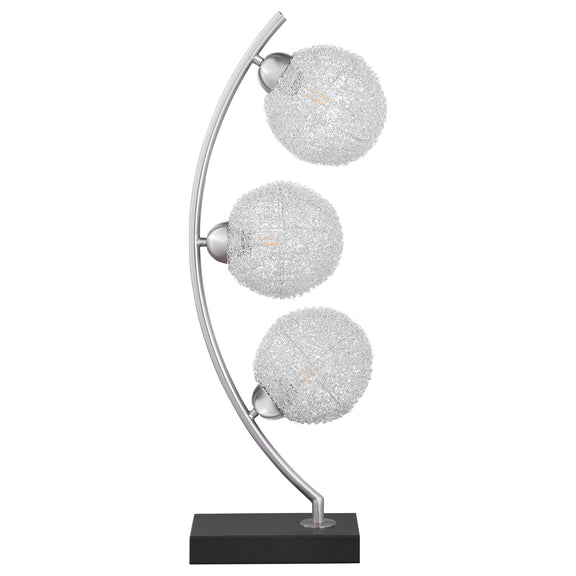 Black base table lamp with curved metal stand and three gray LED globe bulbs