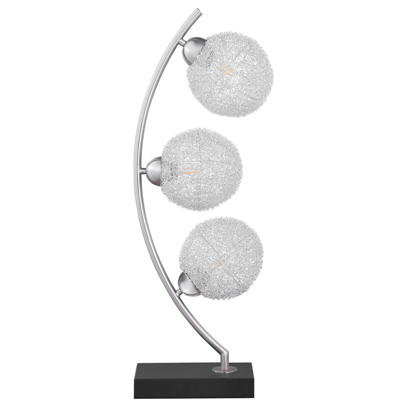 Black base table lamp with curved metal stand and three gray LED globe bulbs