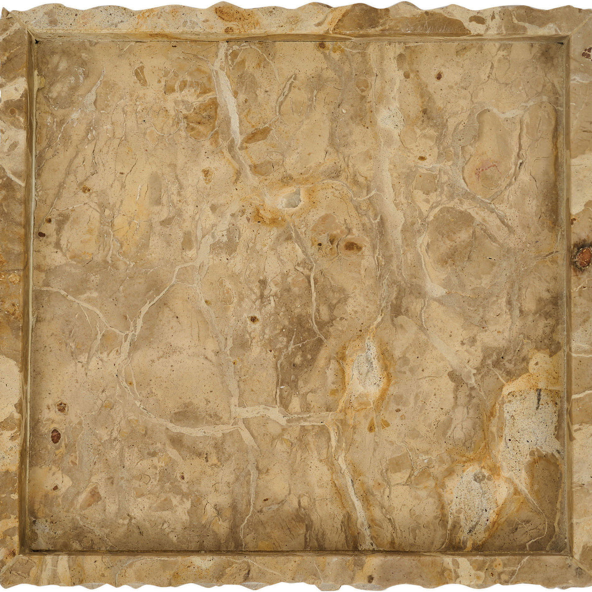 Genuine marble tray with rectangular rim, beige stone with vein and speckle details.