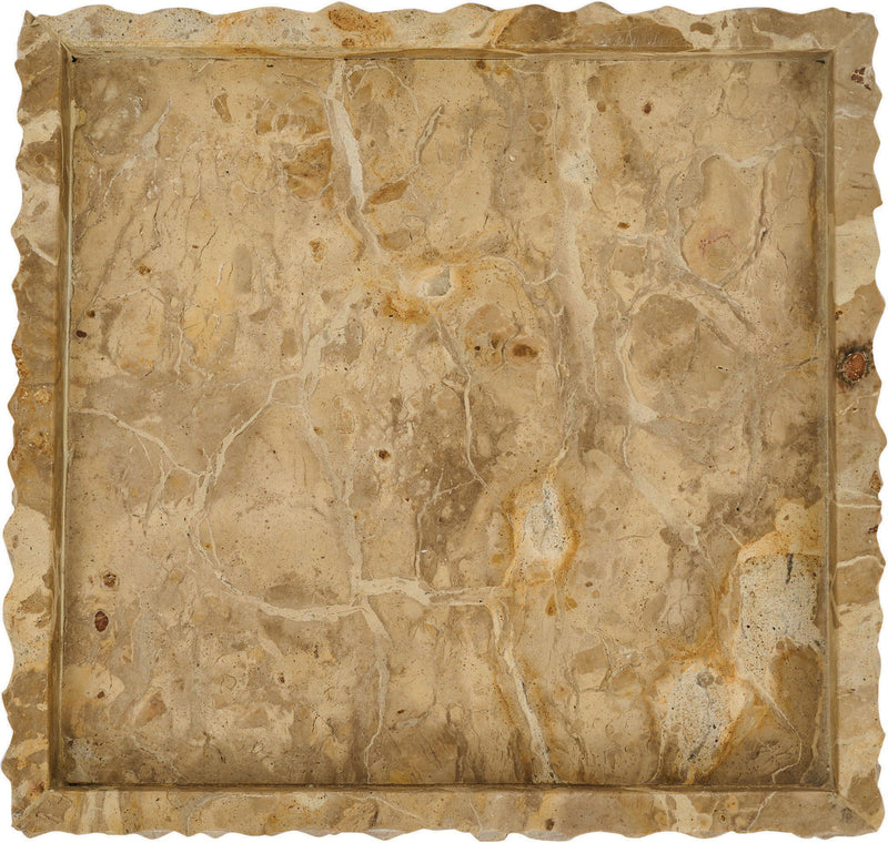 Genuine marble tray with rectangular rim, beige stone with vein and speckle details.