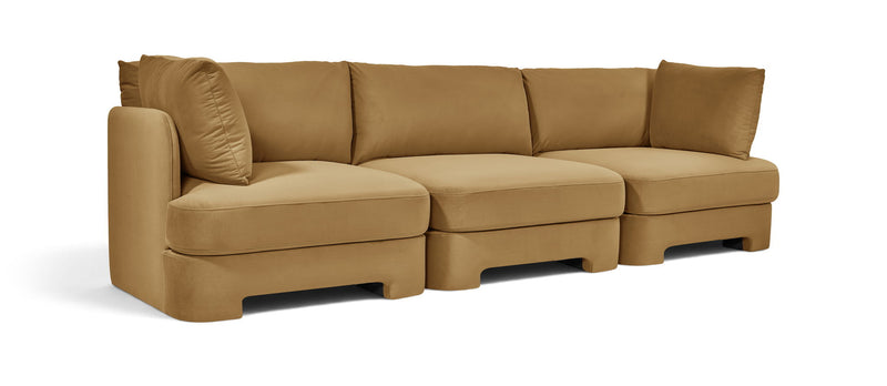 Light brown upholstered 3-piece velvet sofa with tufted seat and back cushions