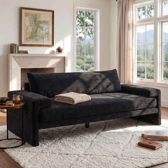 Upholstered 3-seater sofa with wide arms, dark fabric, large back cushion