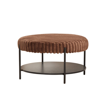 Dark brown round upholstered ottoman coffee table with storage shelf and black legs