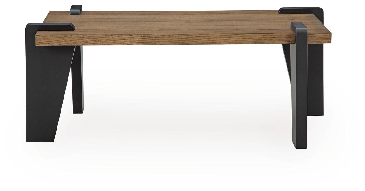 Rectangular wood end table with black angled legs and corner blocks