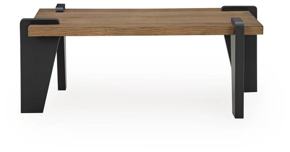 Rectangular wood end table with black angled legs and corner blocks