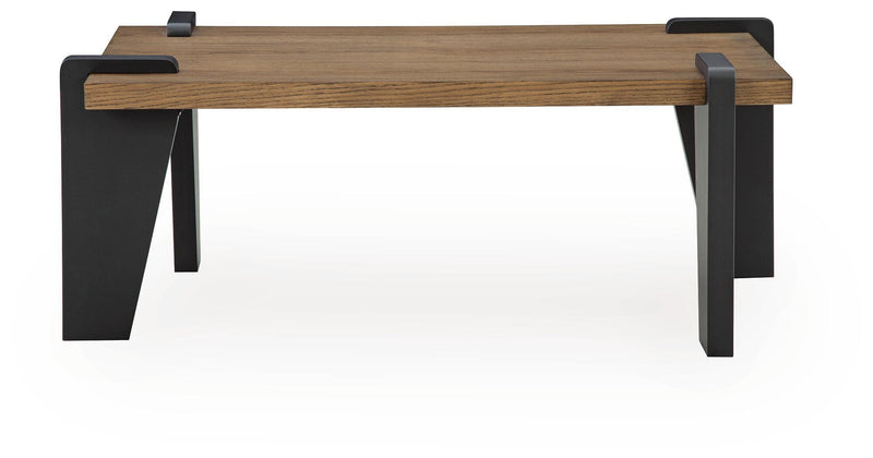 Rectangular wood end table with black angled legs and corner blocks