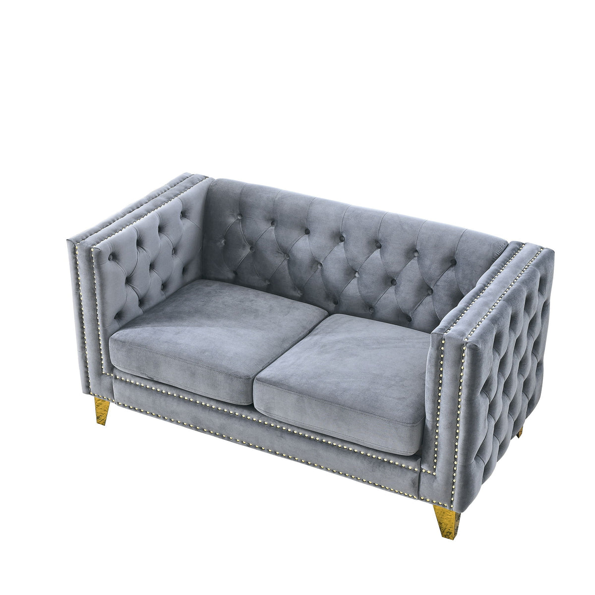 Light gray button-tufted loveseat with studded trim and gold-toned corner legs