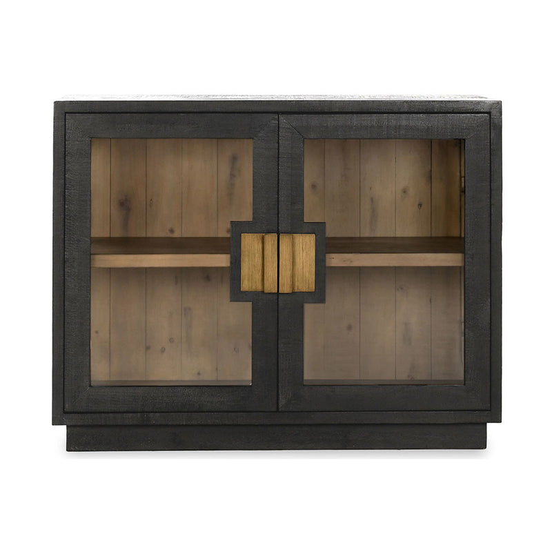 Antique black 2-door cabinet with two fixed shelves and central decorative wood handle