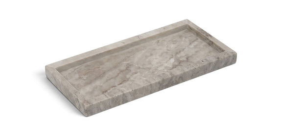 Beige genuine travertine serving tray with raised edges and natural marbled texture