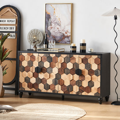 Accent Cabinet Honeycomb Pattern Parquet Veneer Black