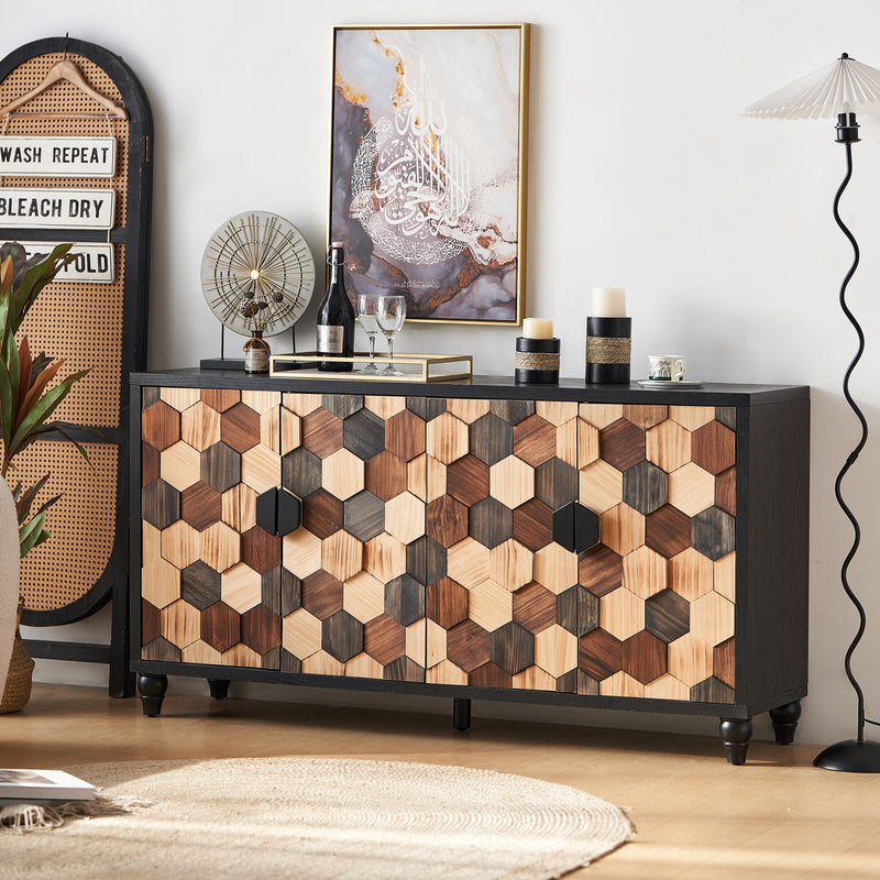 Accent Cabinet Honeycomb Pattern Parquet Veneer Black
