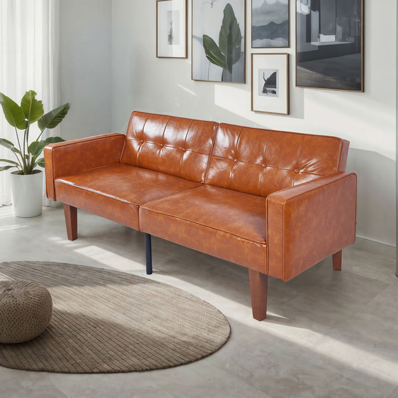 Brown split-back futon sofa bed with tufted back cushions and dark metal base