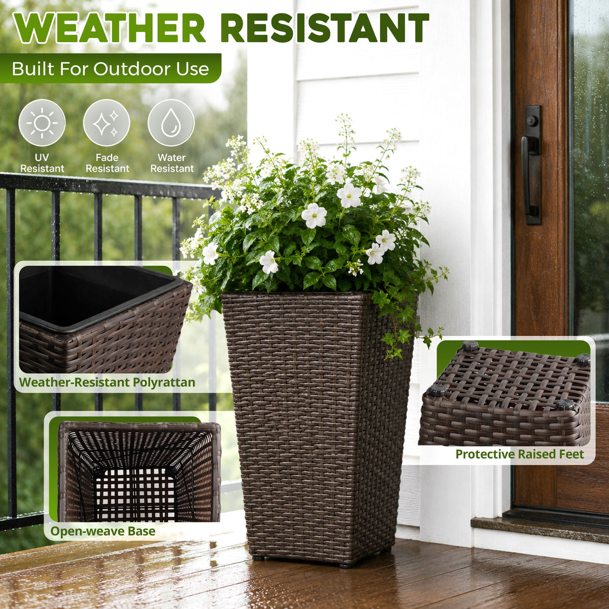 Brown woven outdoor planter with raised feet and open-weave base, shown with flowers