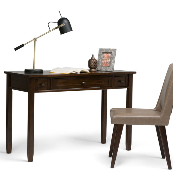 Tobacco brown shaker-style desk with four drawers and open center shelf