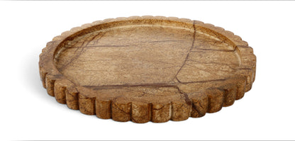 Light brown genuine marble tray with round shape and scalloped edge