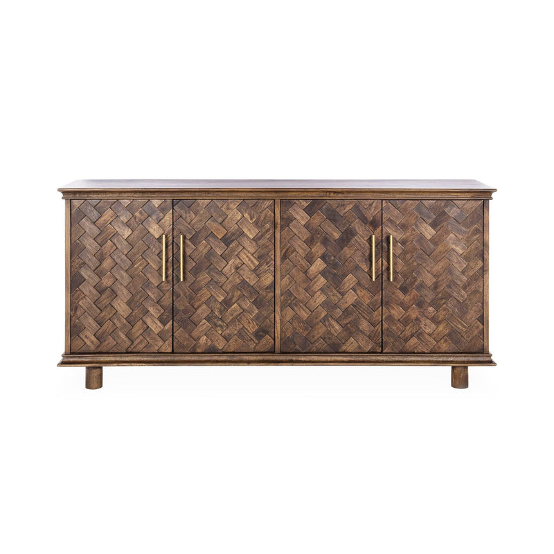 4-door wooden buffet with herringbone-pattern doors and brushed metal bar pulls
