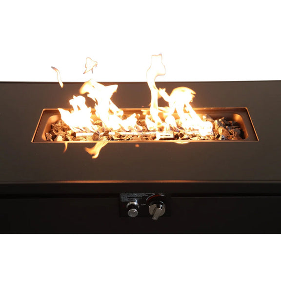 Rectangular fire pit frame with open firebox flames and front control knobs
