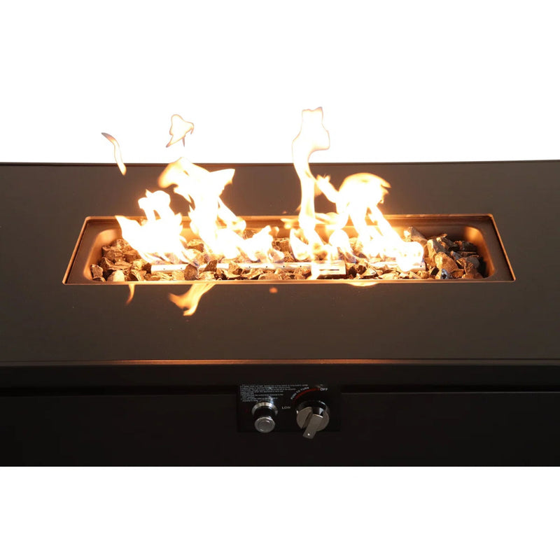 Rectangular fire pit frame with open firebox flames and front control knobs