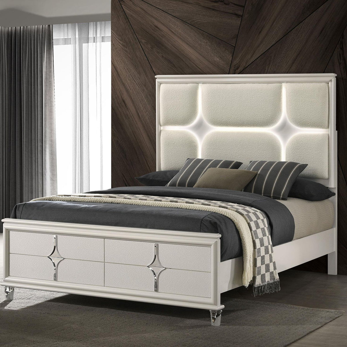 Olivia Queen Panel Bed LED Headboard Pearl White