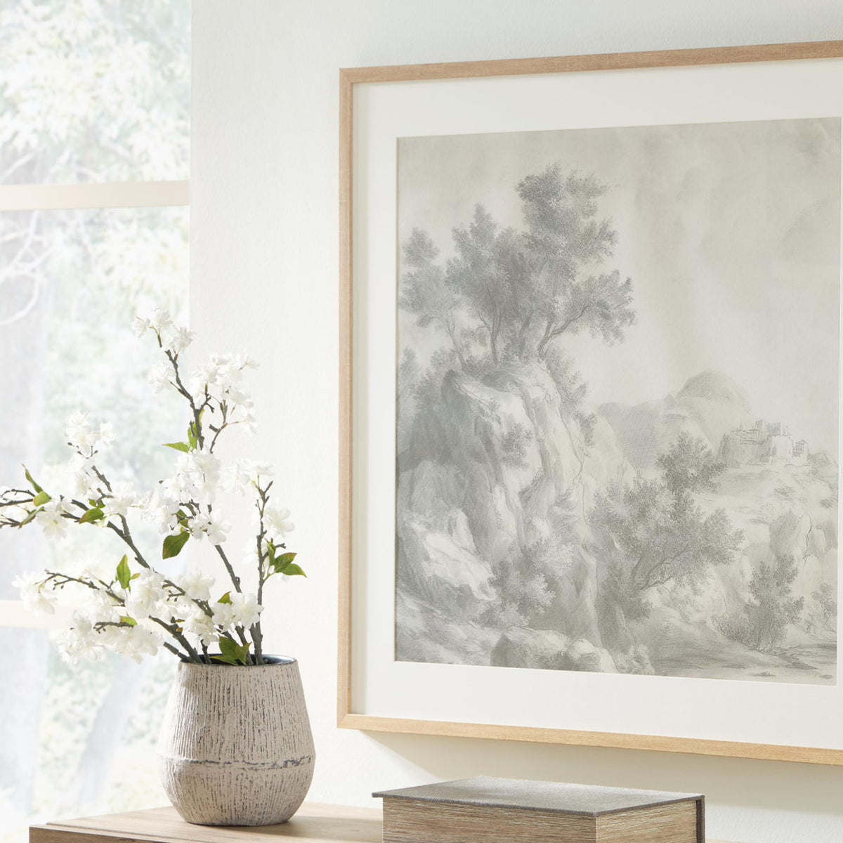 Wood-framed gray landscape wall art print with trees and misty scenery