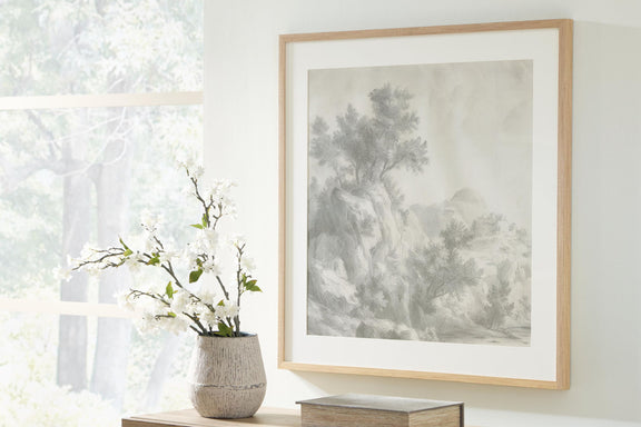 Wood-framed gray landscape wall art print with trees and misty scenery
