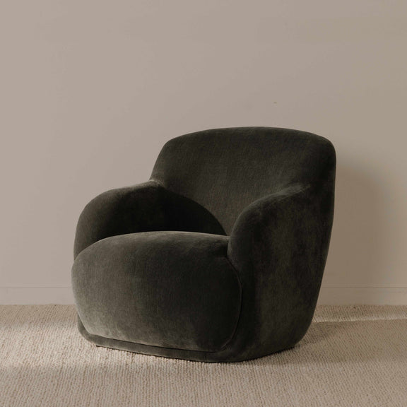 Slate blue lounge chair with wide seat cushion and rounded back, fabric upholstery
